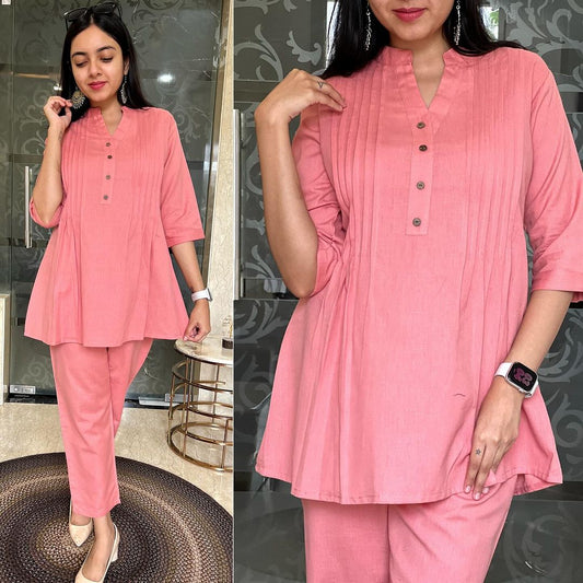 Beautiful Pure Cotton Slub Pleated Kurta With Pintex Work And Pant