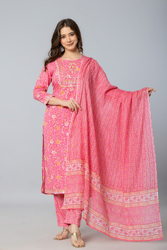 Pink Embroidered Rayon Kurti Pant and Dupatta Set