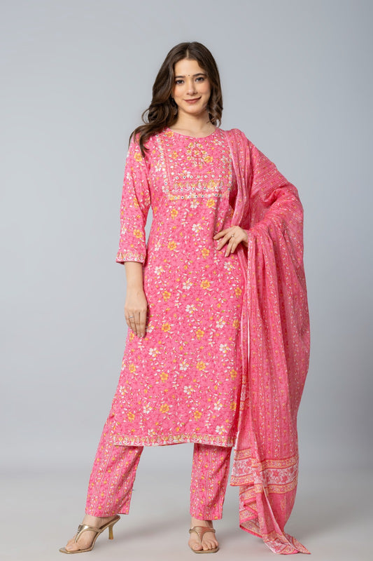 Pink Embroidered Rayon Kurta Pant and Dupatta Set