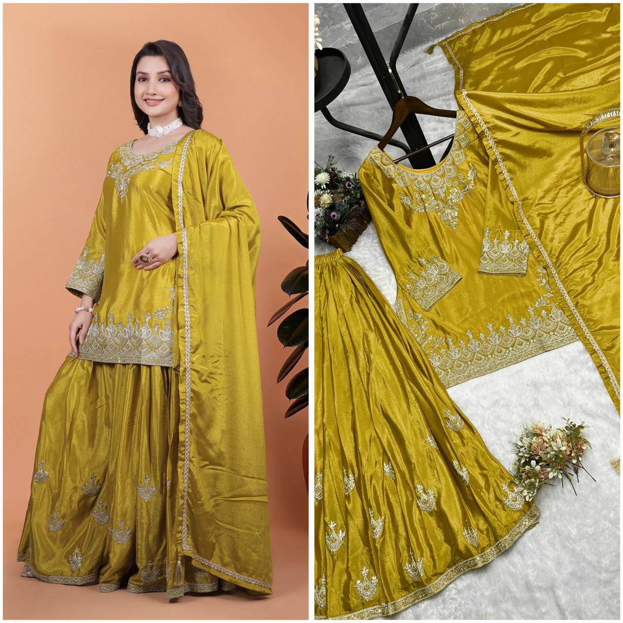 Elegant Red Silk Embroidered Sharara Set