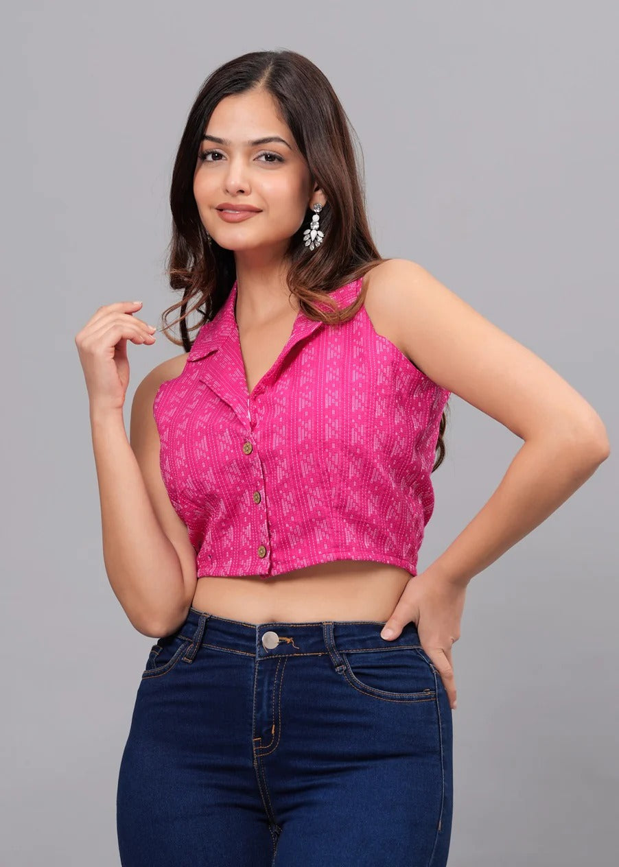Subtle ikat-inspired prints Sleeveless Cotton Crop Top