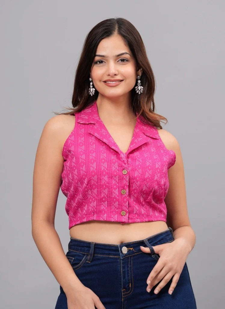 Subtle ikat-inspired prints Sleeveless Cotton Crop Top