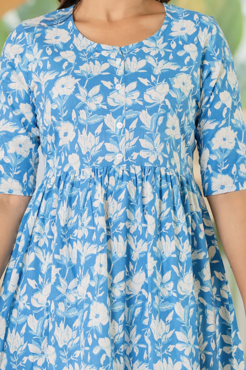 Women’s Blue Floral Cotton Midi Dress