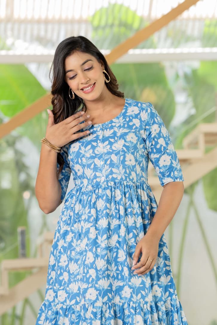 Women’s Blue Floral Cotton Midi Dress