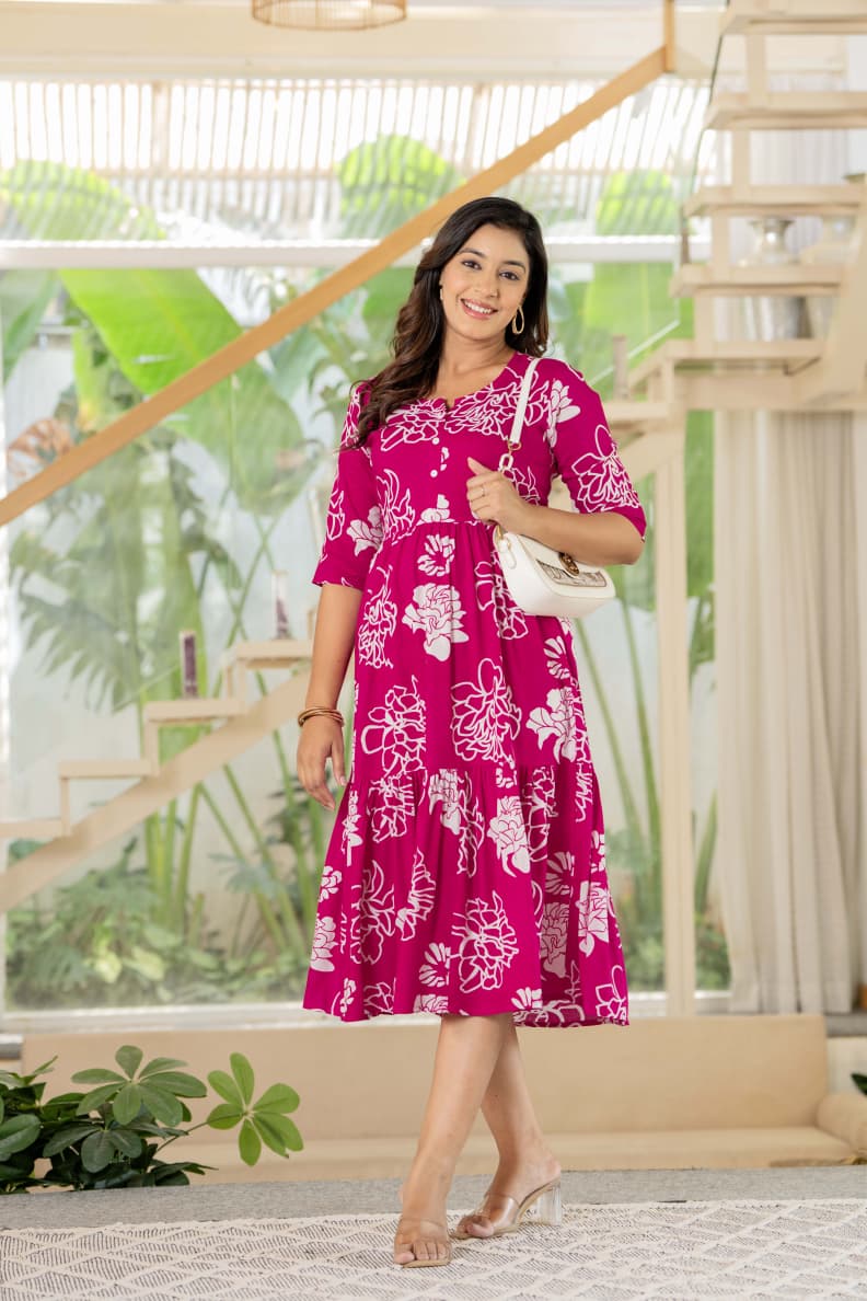 Magenta Floral Button-Down Midi Dress