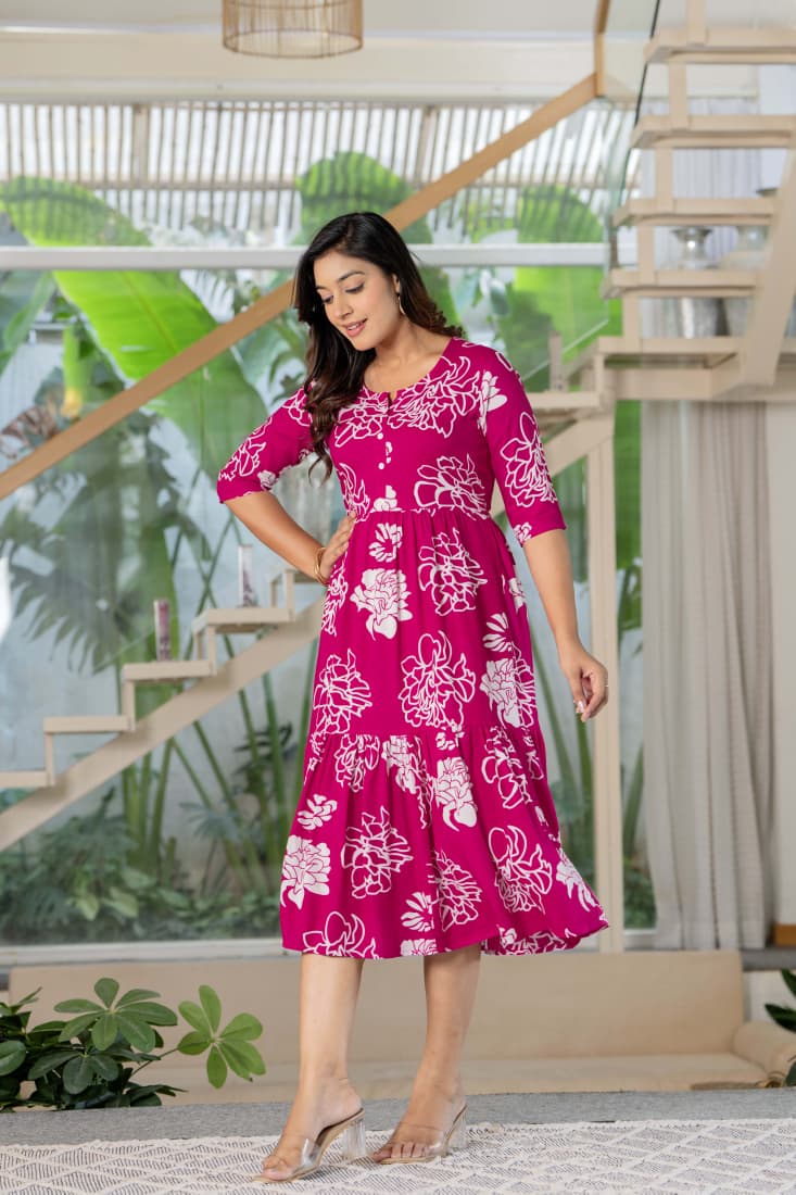 Magenta Floral Button-Down Midi Dress