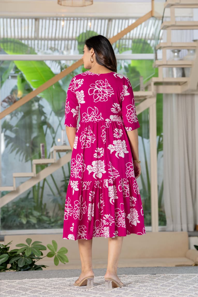 Magenta Floral Button-Down Midi Dress