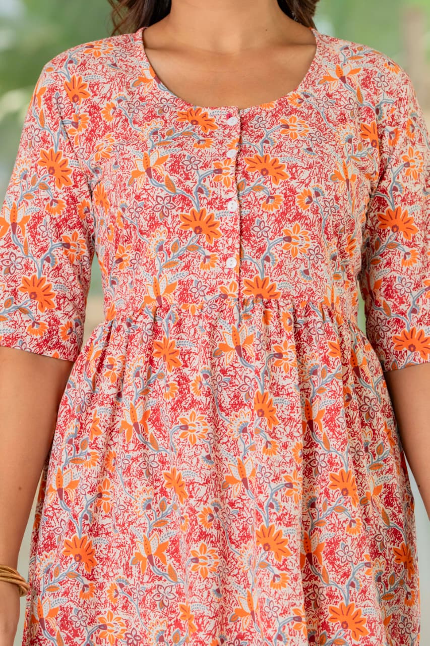 Peach-Pink Floral Cotton Midi Dress with Front Buttons