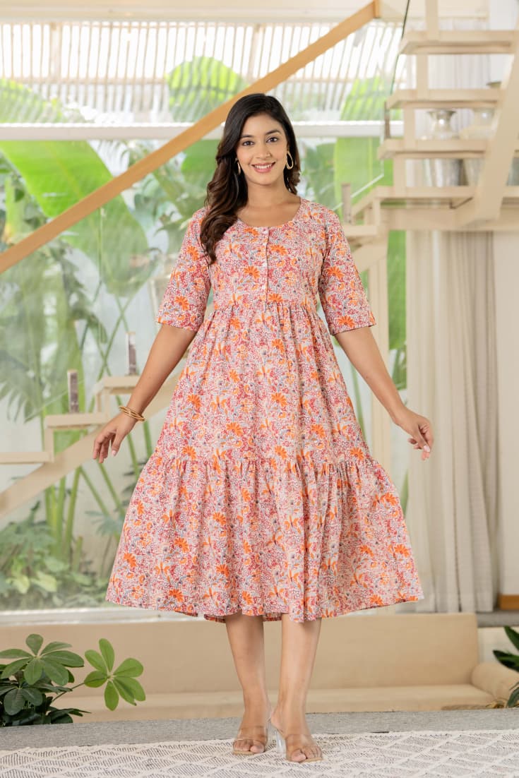 Peach-Pink Floral Cotton Midi Dress with Front Buttons