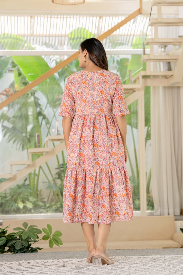 Peach-Pink Floral Cotton Midi Dress with Front Buttons