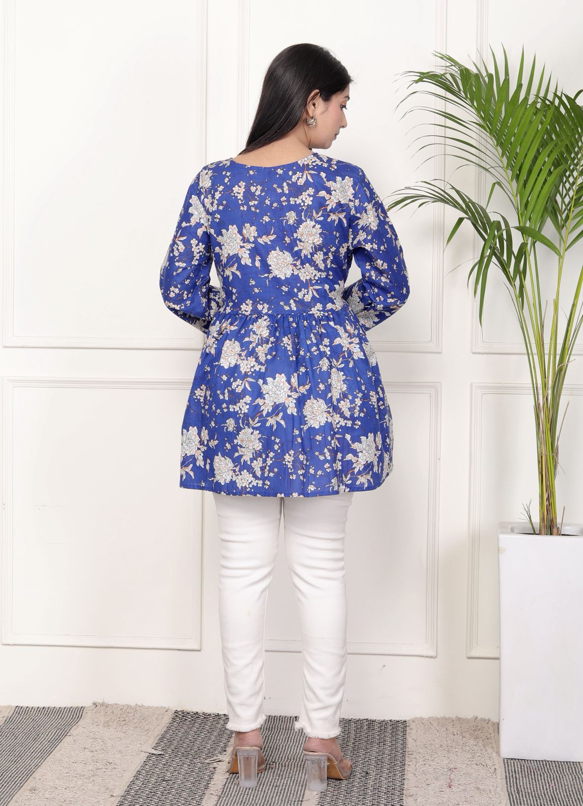 Purple Floral Print Peplum Kurti Top with Side Tie-Ups