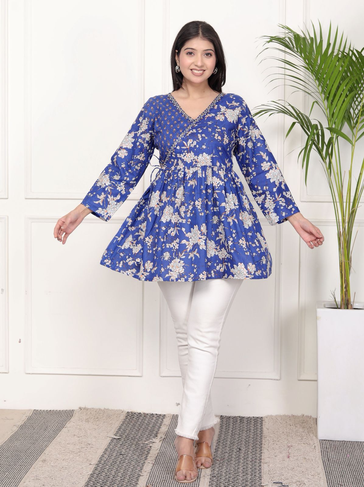 Purple Floral Print Peplum Kurti Top with Side Tie-Ups