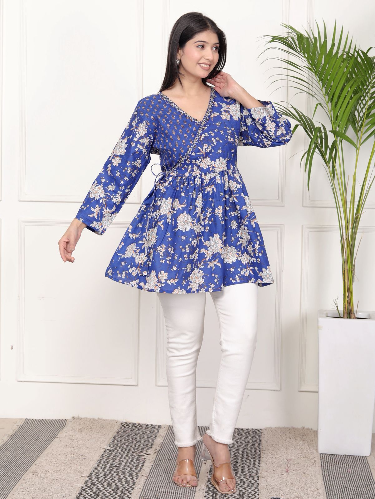 Purple Floral Print Peplum Kurti Top with Side Tie-Ups