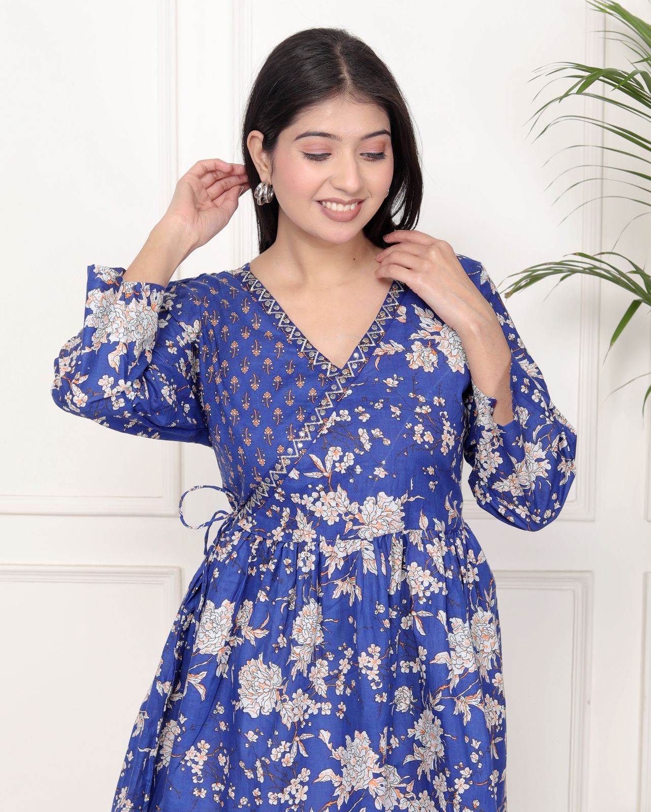 Purple Floral Print Peplum Kurti Top with Side Tie-Ups