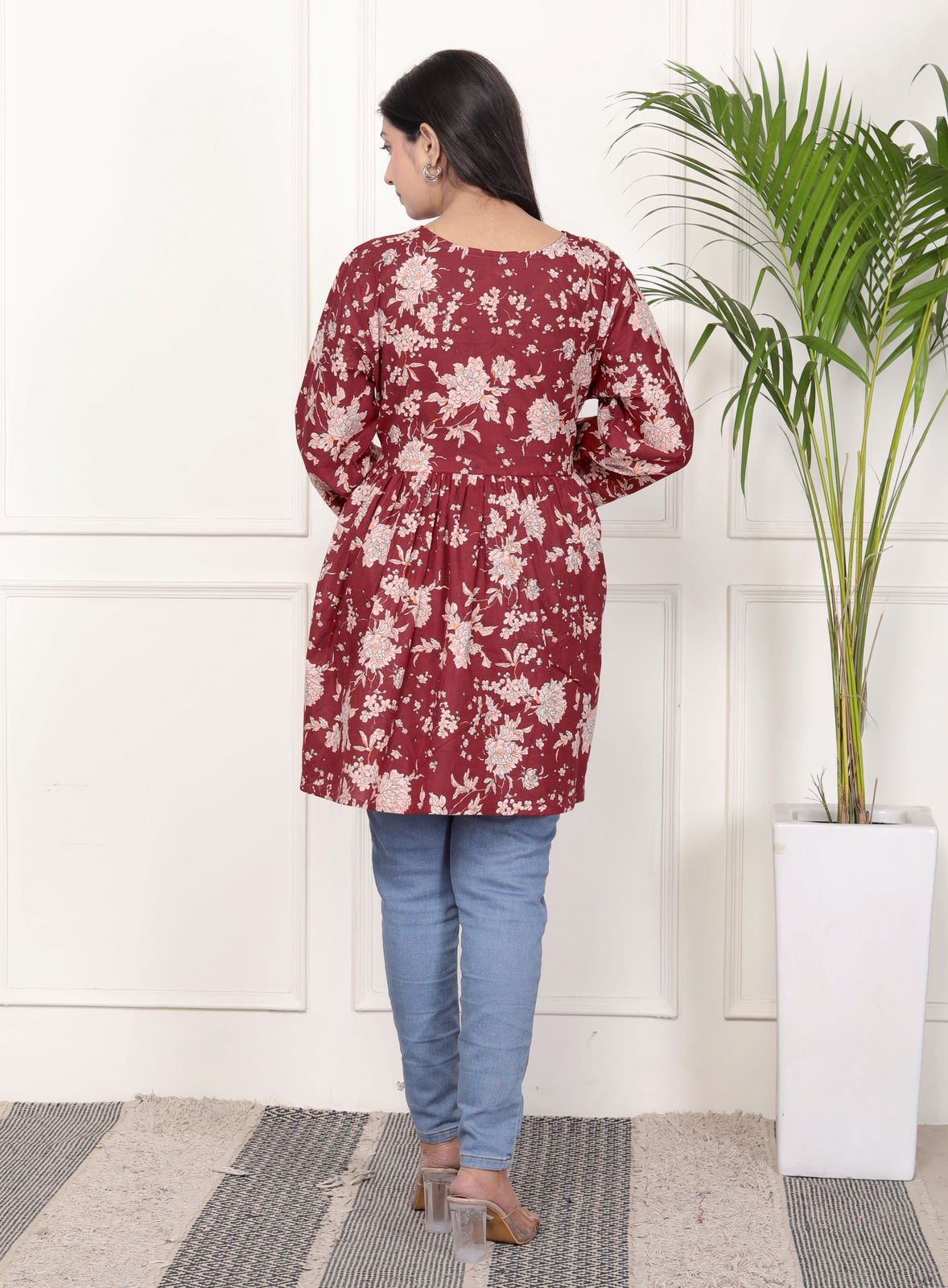 Purple Floral Print Peplum Kurti Top with Side Tie-Ups