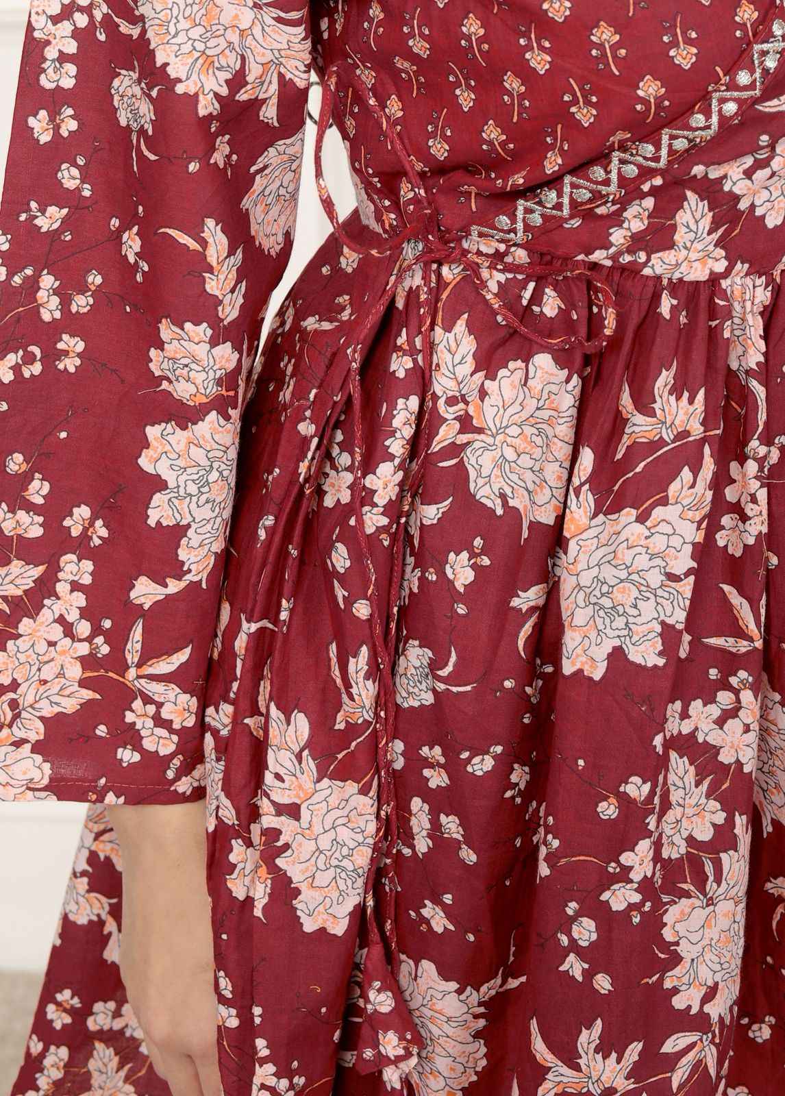 Purple Floral Print Peplum Kurti Top with Side Tie-Ups