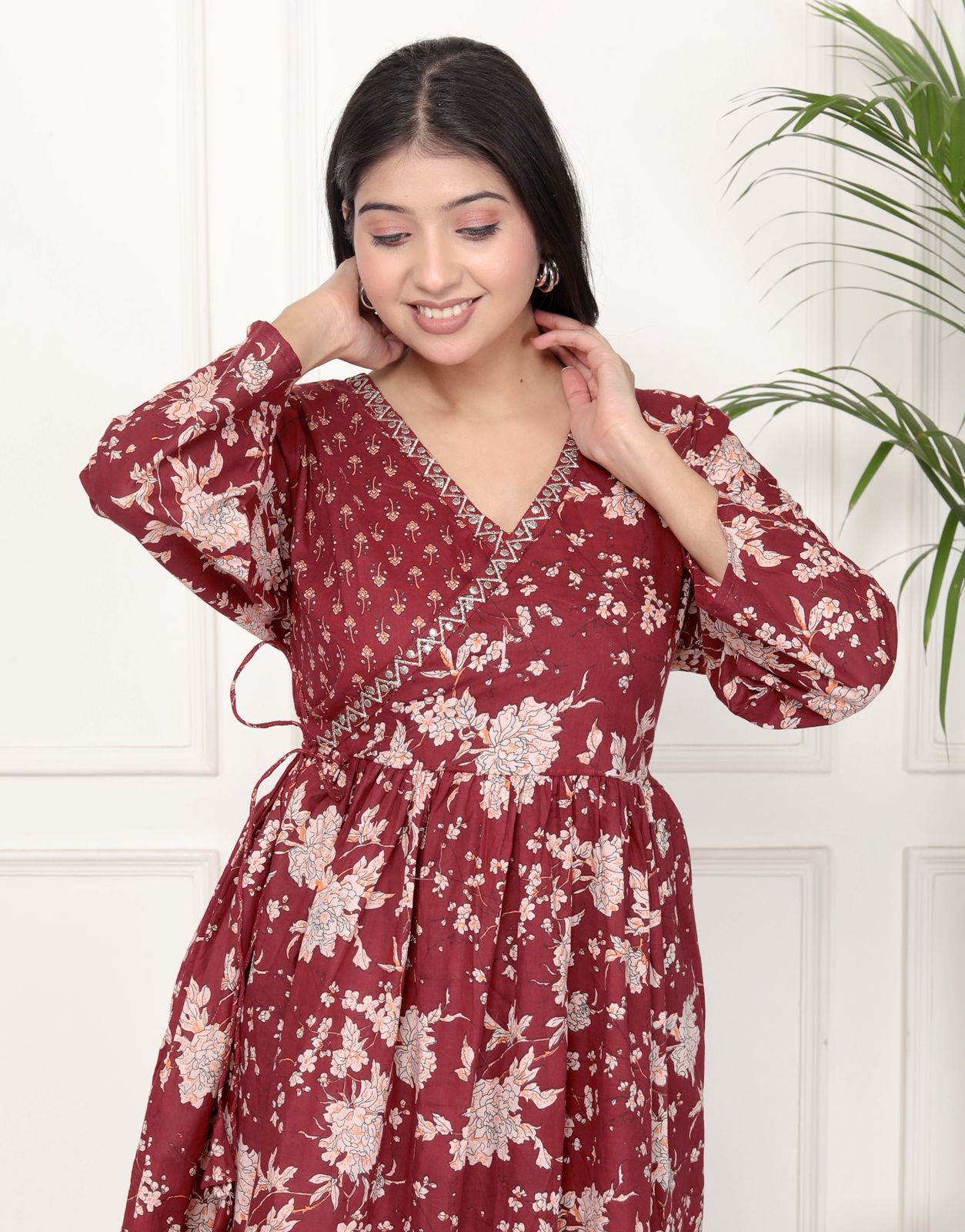 Purple Floral Print Peplum Kurti Top with Side Tie-Ups