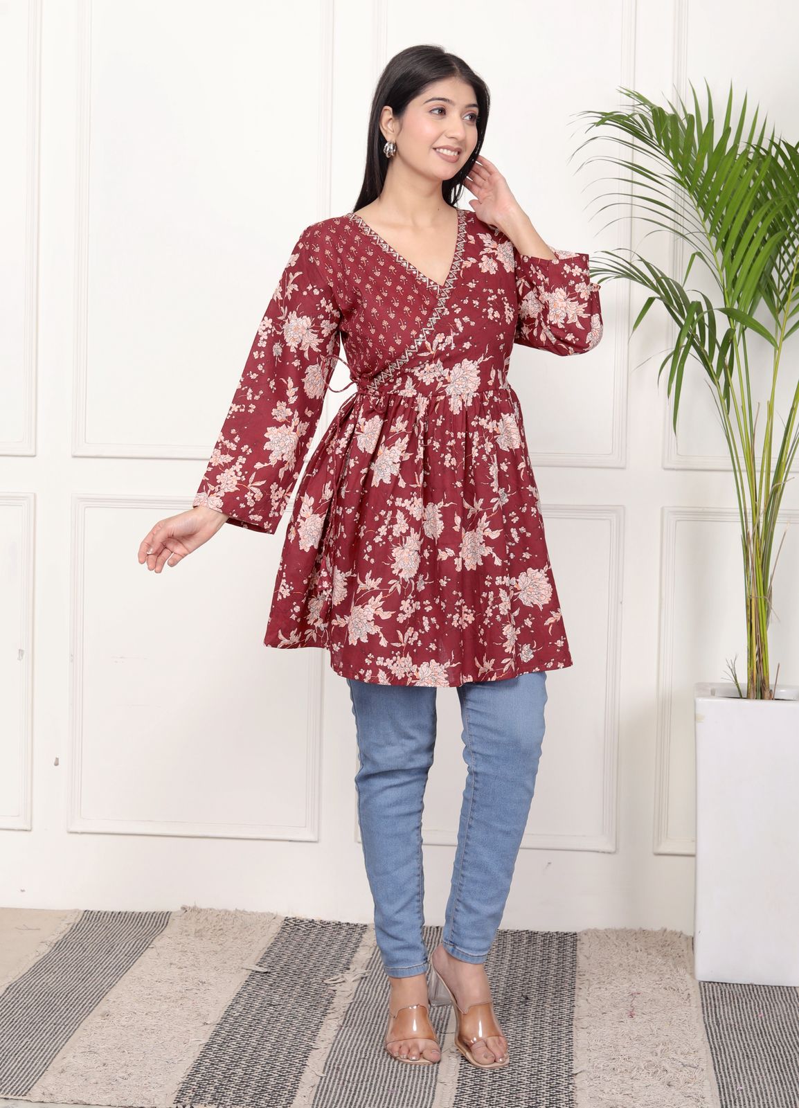 Purple Floral Print Peplum Kurti Top with Side Tie-Ups