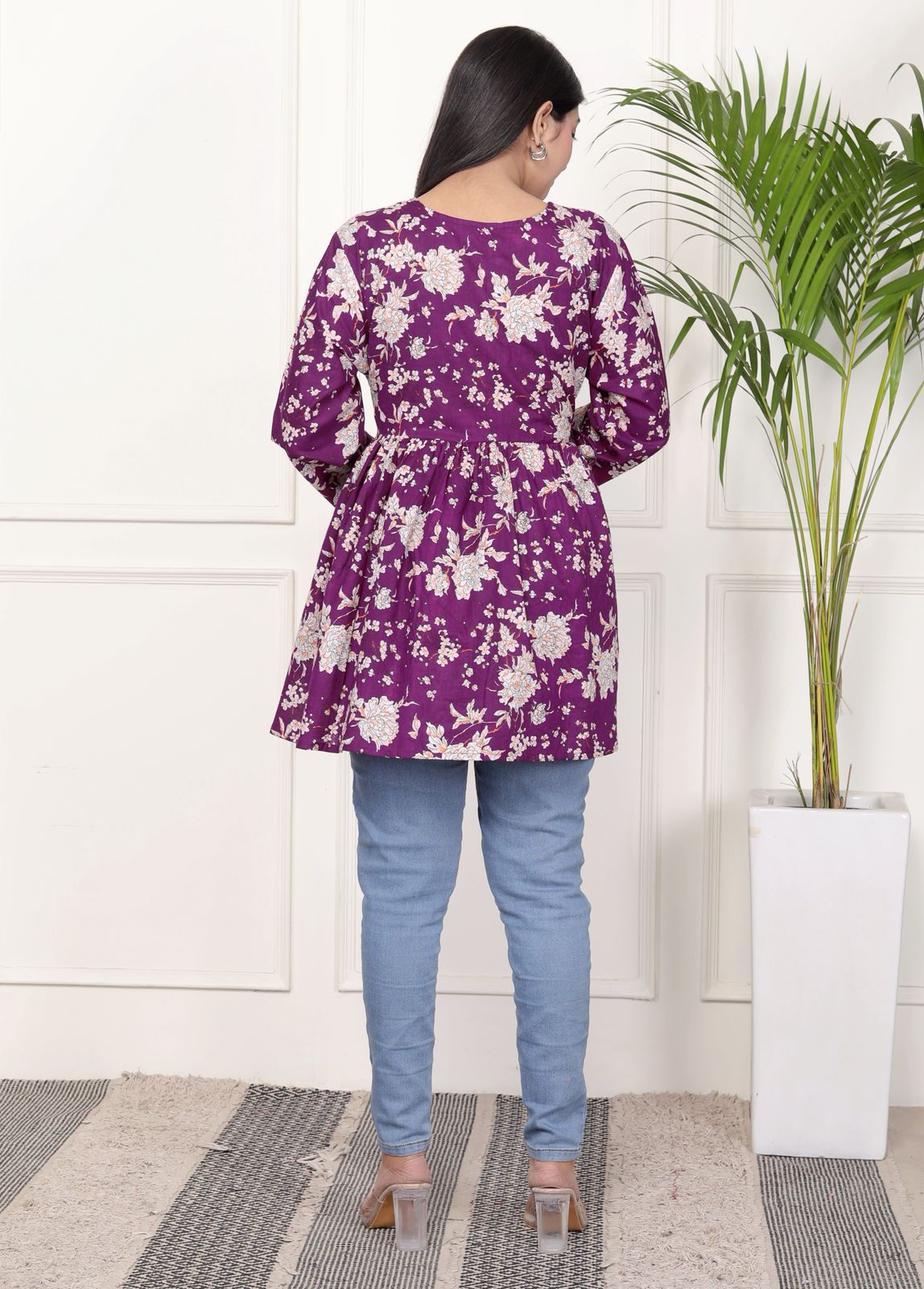Purple Floral Print Peplum Kurti Top with Side Tie-Ups