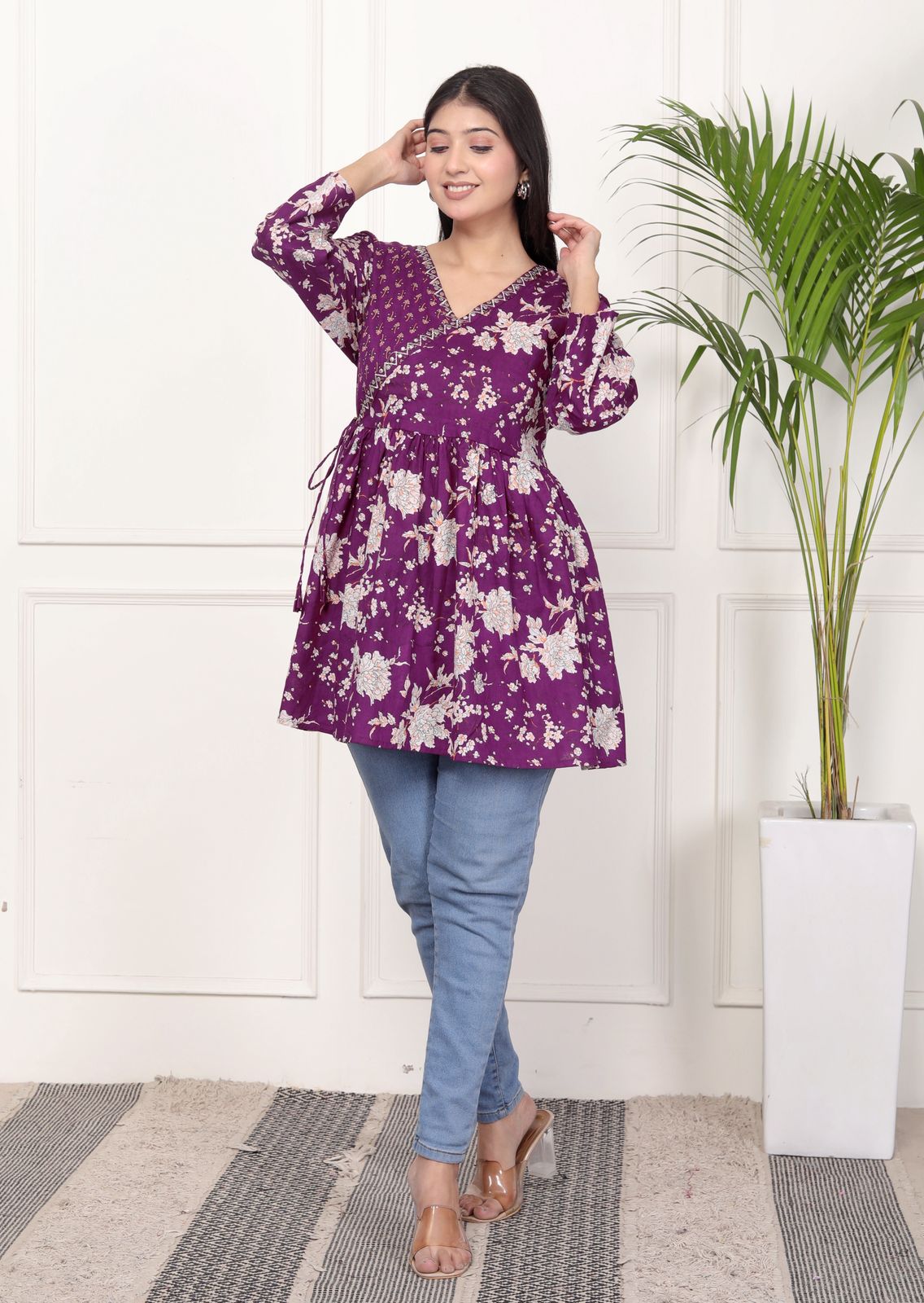 Purple Floral Print Peplum Kurti Top with Side Tie-Ups