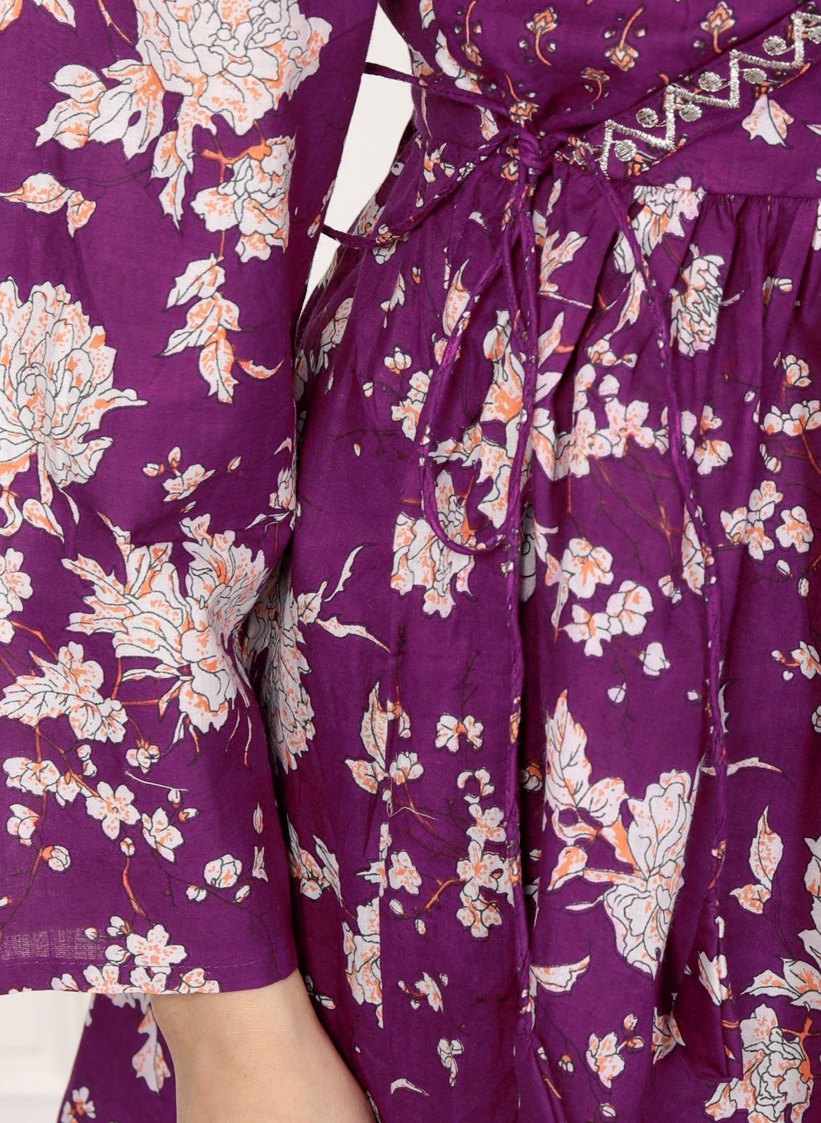 Purple Floral Print Peplum Kurti Top with Side Tie-Ups
