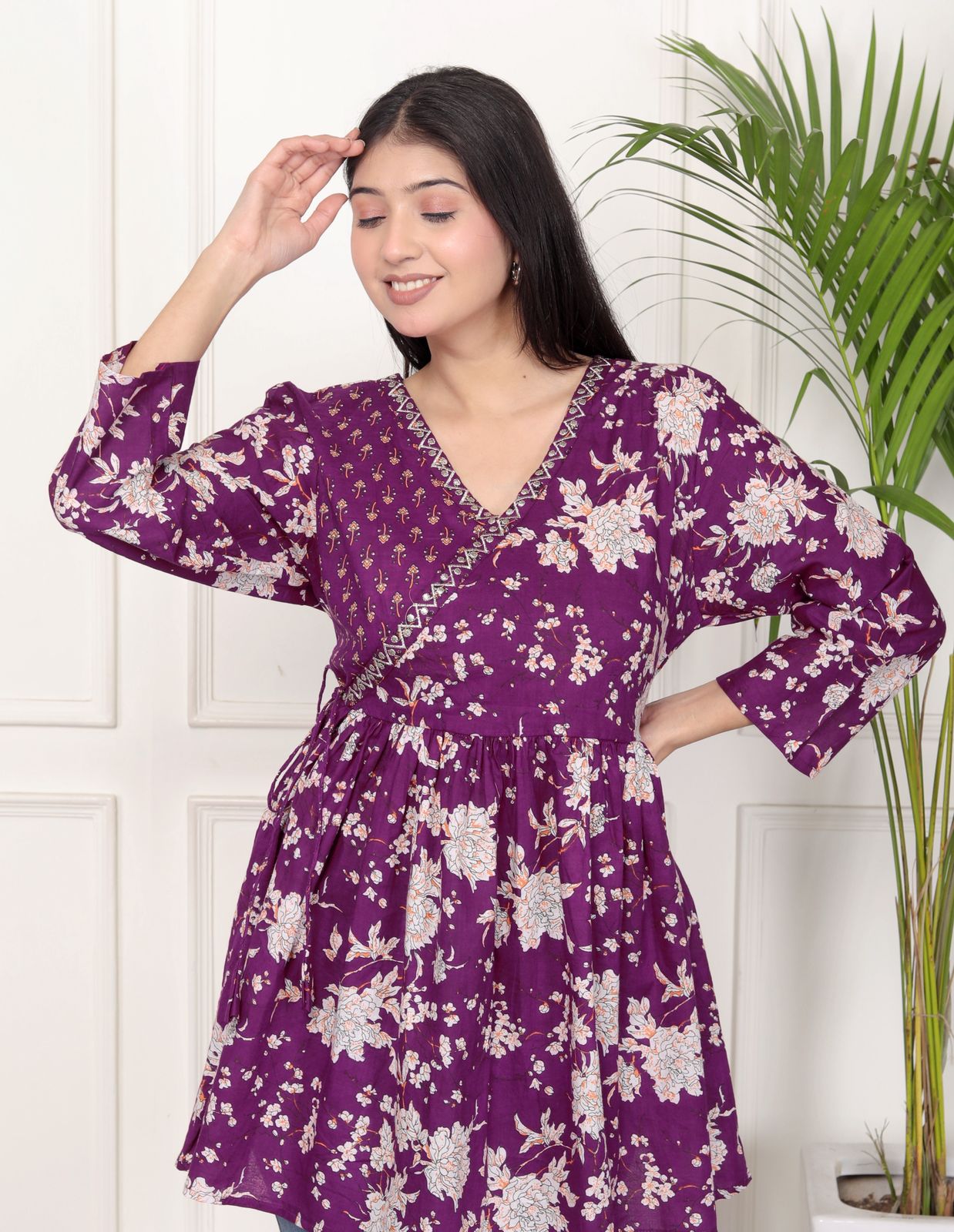 Purple Floral Print Peplum Kurti Top with Side Tie-Ups