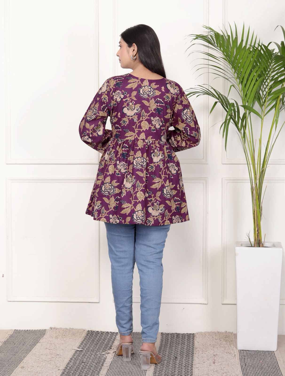 Purple Floral Print Peplum Kurti Top with Side Tie-Ups