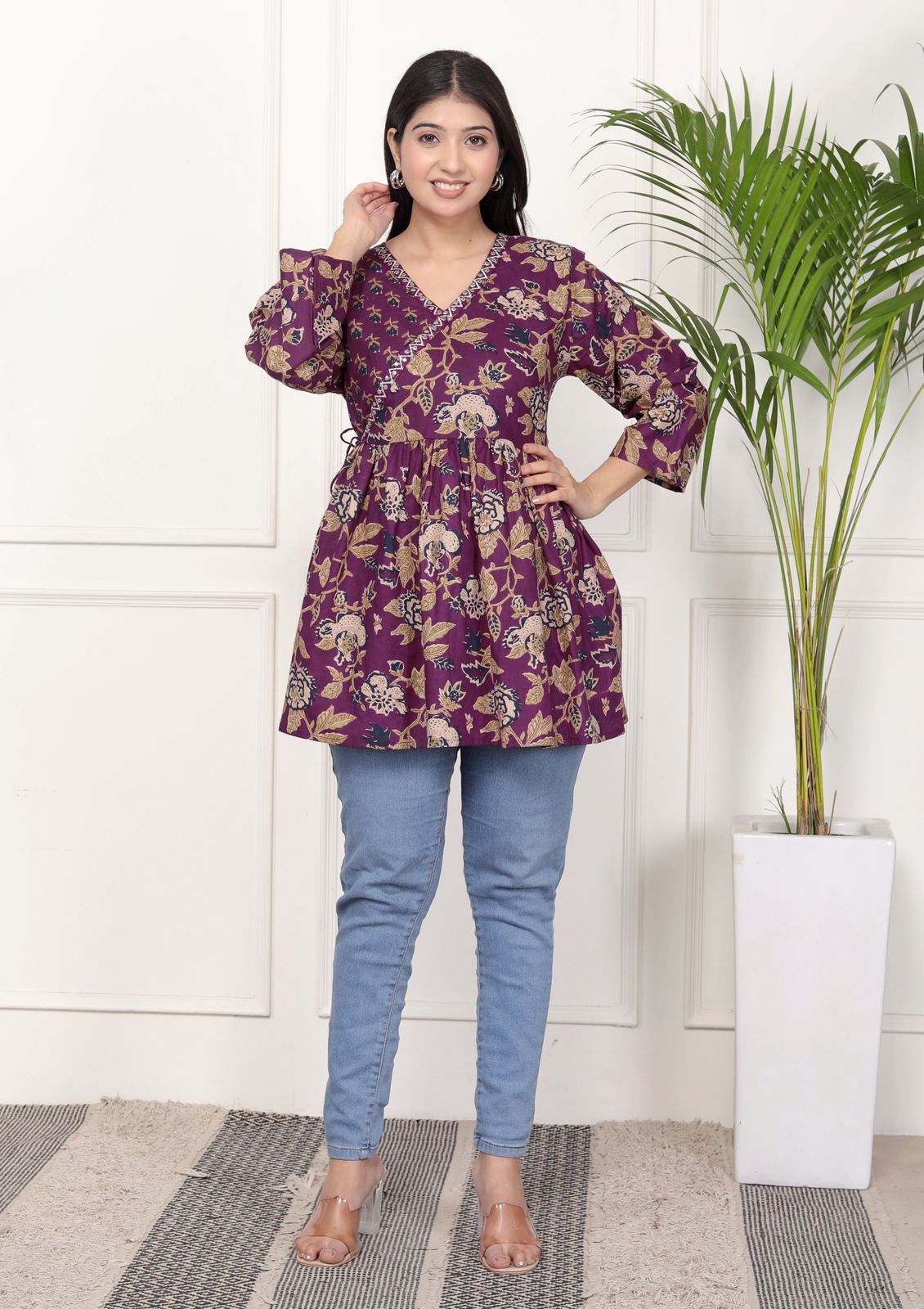 Purple Floral Print Peplum Kurti Top with Side Tie-Ups