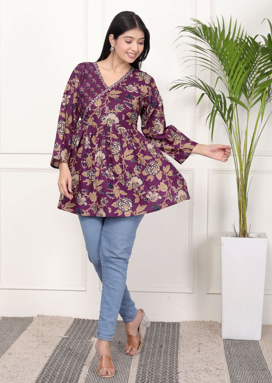 Purple Floral Print Peplum Kurti Top with Side Tie-Ups