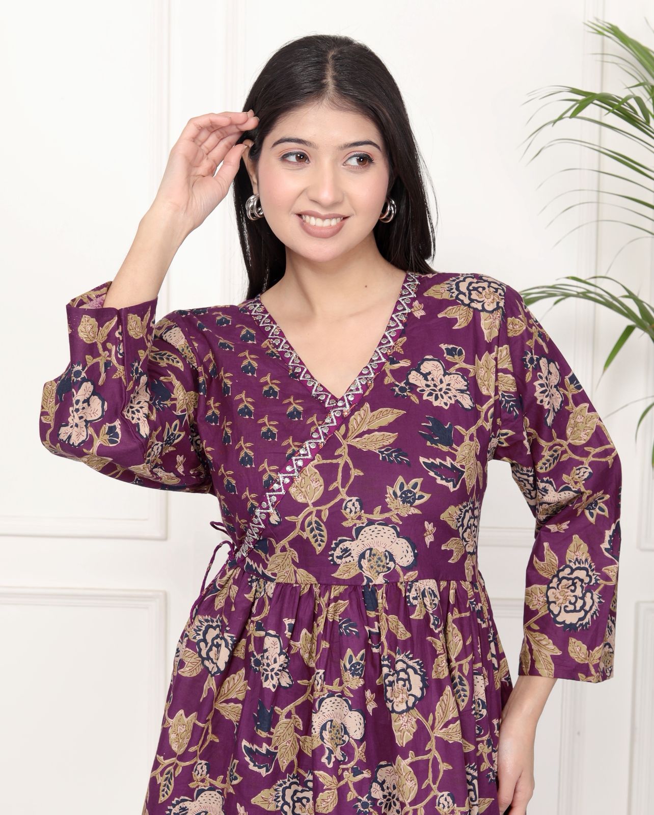 Purple Floral Print Peplum Kurti Top with Side Tie-Ups