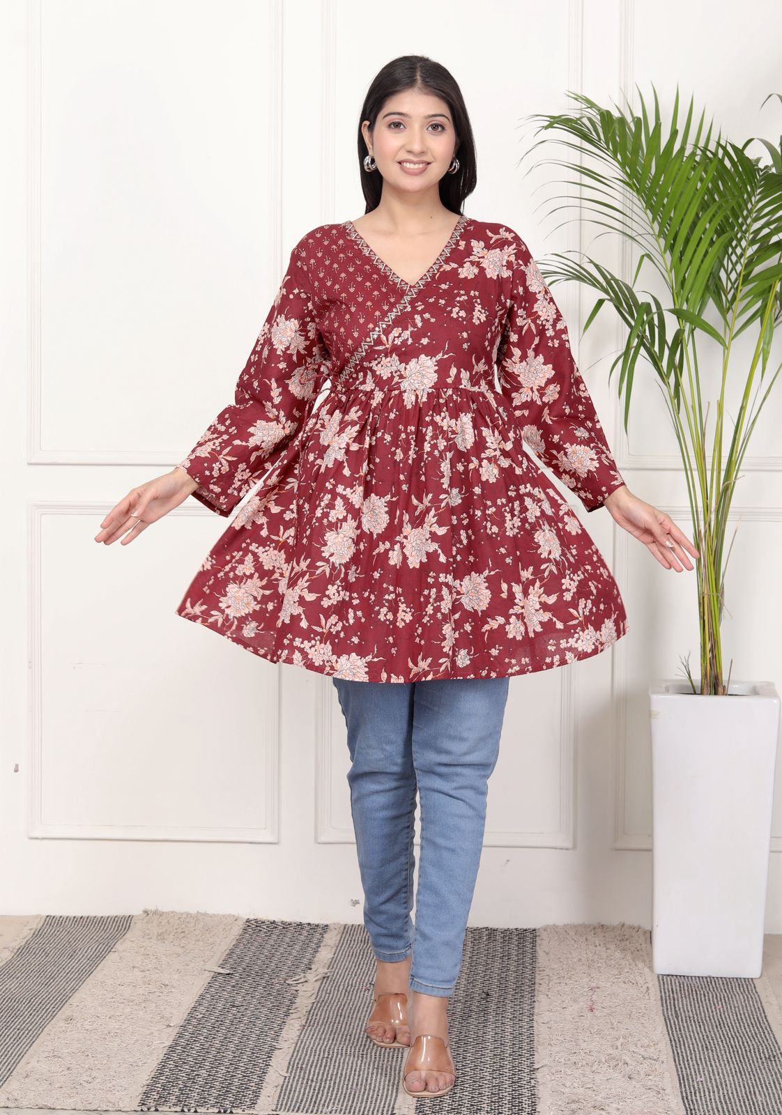 Purple Floral Print Peplum Kurti Top with Side Tie-Ups