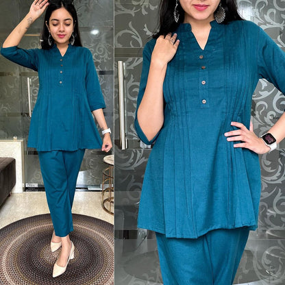 Beautiful Pure Cotton Slub Pleated Kurta With Pintex Work And Pant