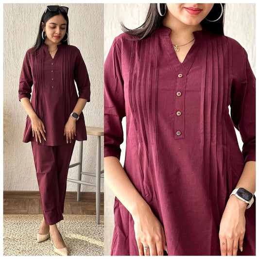 Beautiful Pure Cotton Slub Pleated Kurta With Pintex Work And Pant