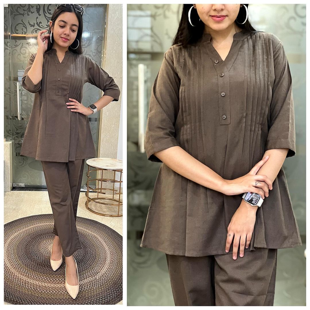 Beautiful Pure Cotton Slub Pleated Kurta With Pintex Work And Pant