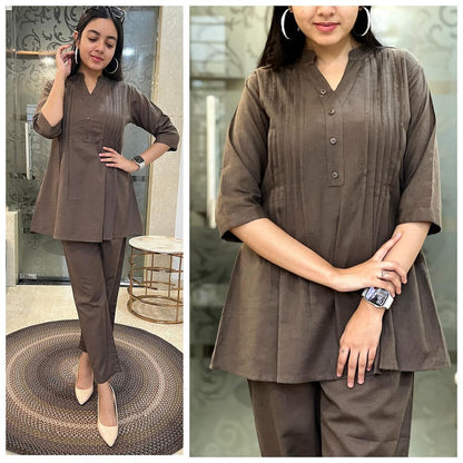 Beautiful Pure Cotton Slub Pleated Kurta With Pintex Work And Pant