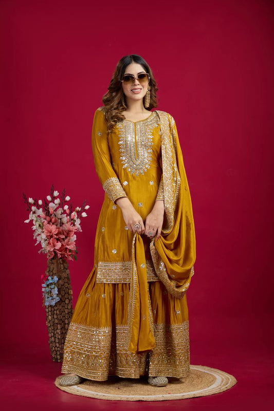 3-Piece Fancy Printed Long Kurti with Palazzo & Heavy Dupatta