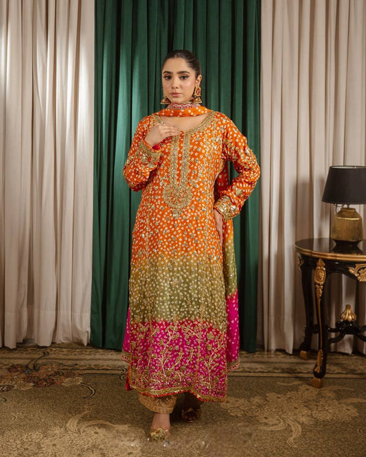 Elegant 3-Piece Fancy Printed Long Kurti with Palazzo & Heavy Dupatta