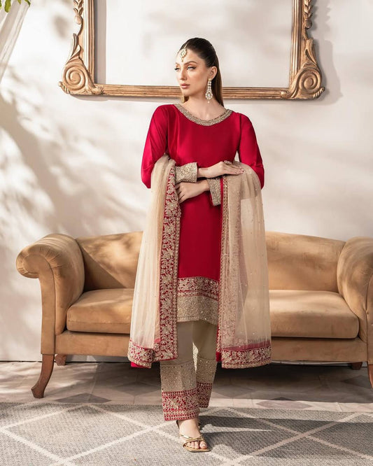 New Designer Pure Chinon Embroidered Top, Bottom & Dupatta Set