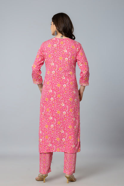 Pink Embroidered Rayon Kurta Pant and Dupatta Set