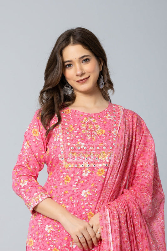 Pink Embroidered Rayon Kurti Pant and Dupatta Set