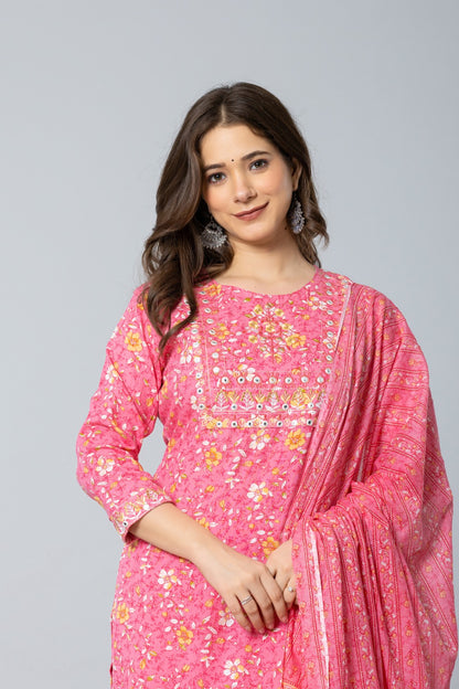 Pink Embroidered Rayon Kurta Pant and Dupatta Set