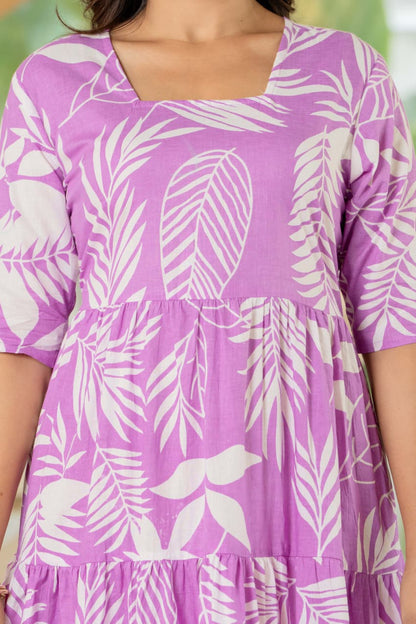 Pink Tropical Leaf Print Cotton Midi Dress