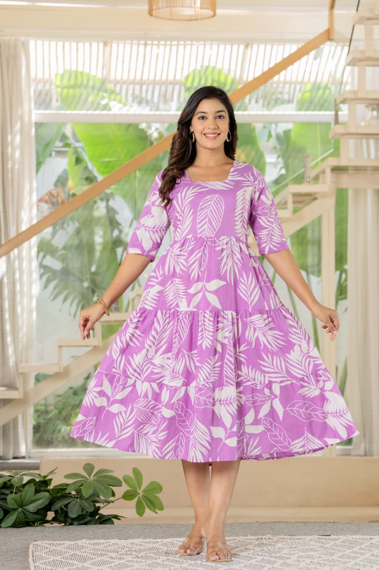 Pink Tropical Leaf Print Cotton Midi Dress