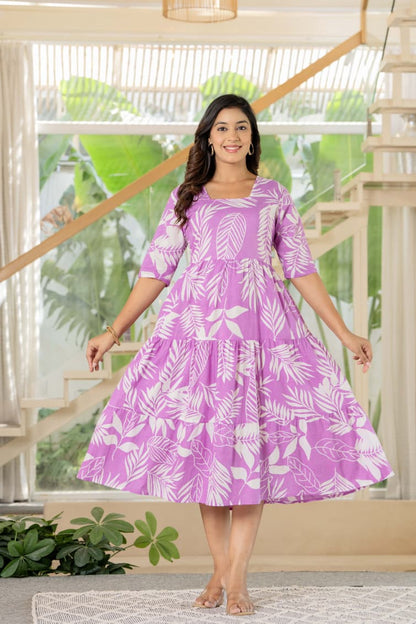 Pink Tropical Leaf Print Cotton Midi Dress