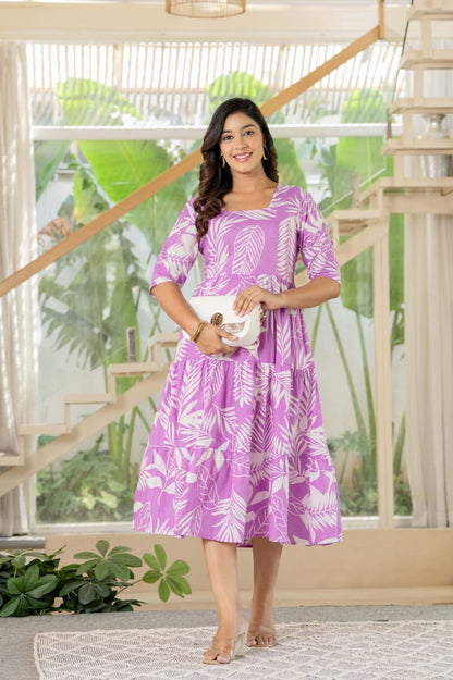 Pink Tropical Leaf Print Cotton Midi Dress