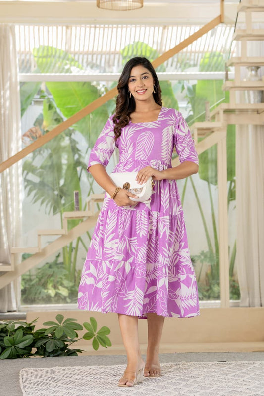 Pink Tropical Leaf Print Cotton Midi Dress