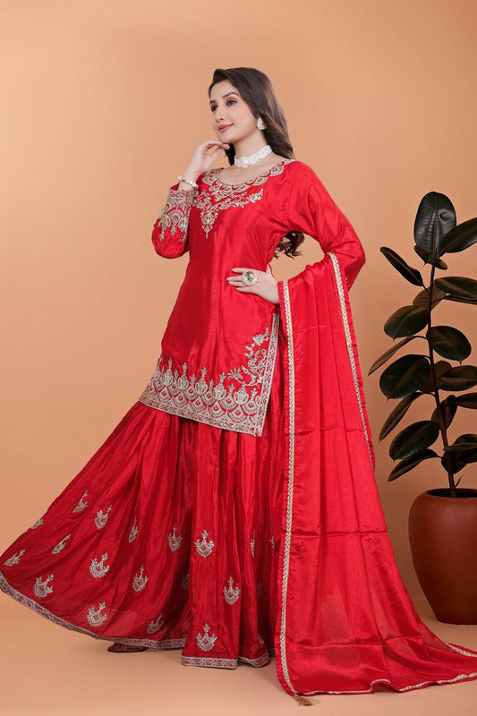 Elegant Red Silk Embroidered Sharara Set
