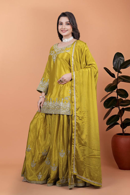 Elegant Red Silk Embroidered Sharara Set
