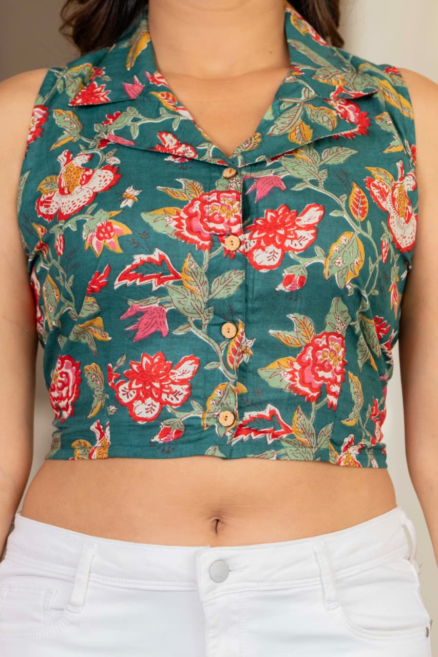 Floral Printed Sleeveless Cotton Crop Top