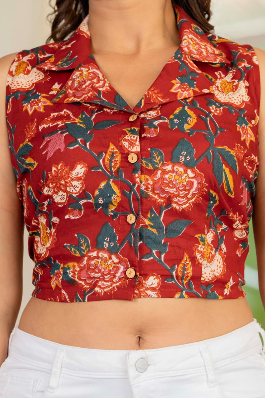 Floral Printed Sleeveless Cotton Crop Top
